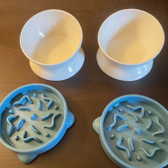 Raised Ceramic Dog or Cat Bowls and Two Slow Feeder Bowls - Picture 1 of 12
